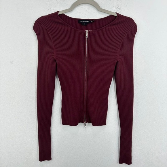 Good American Zip Up Ribbed Top Burgundy Long Sleeve Fitted Cardigan XS - Picture 1 of 7